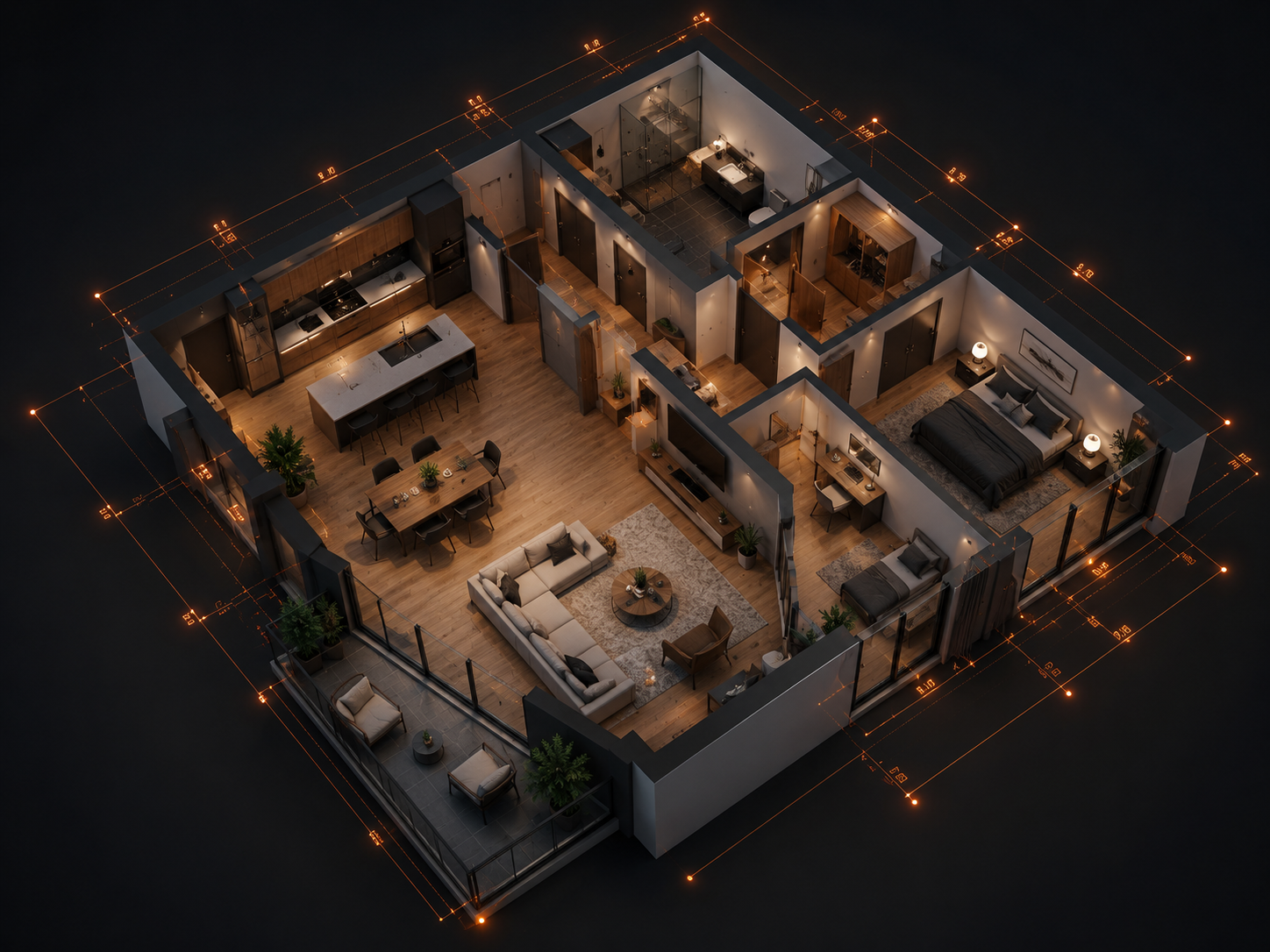 Digitale Vermessung und 360-Grad-Rundgang einer Wohnung mit Maßangaben